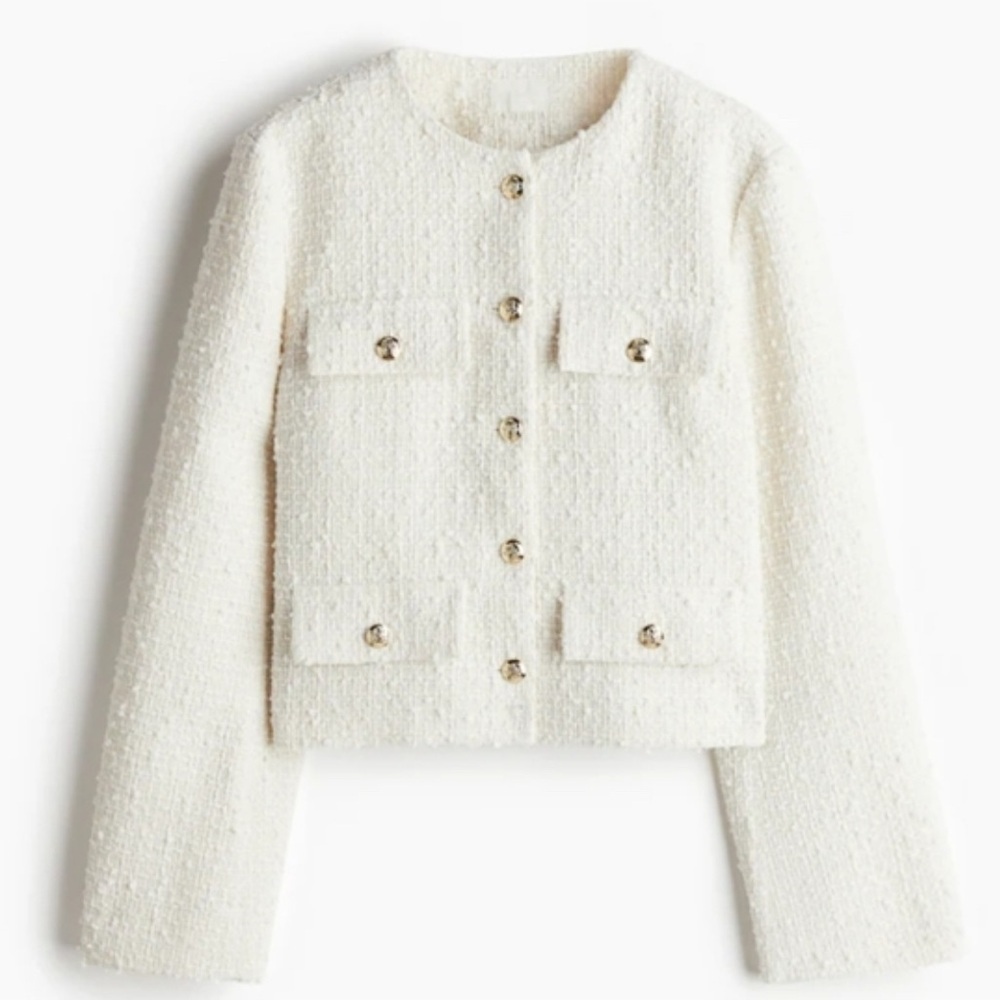 H&M Chanel Tweed Gold Button-Front Blazer Preppy Business size L Elegant